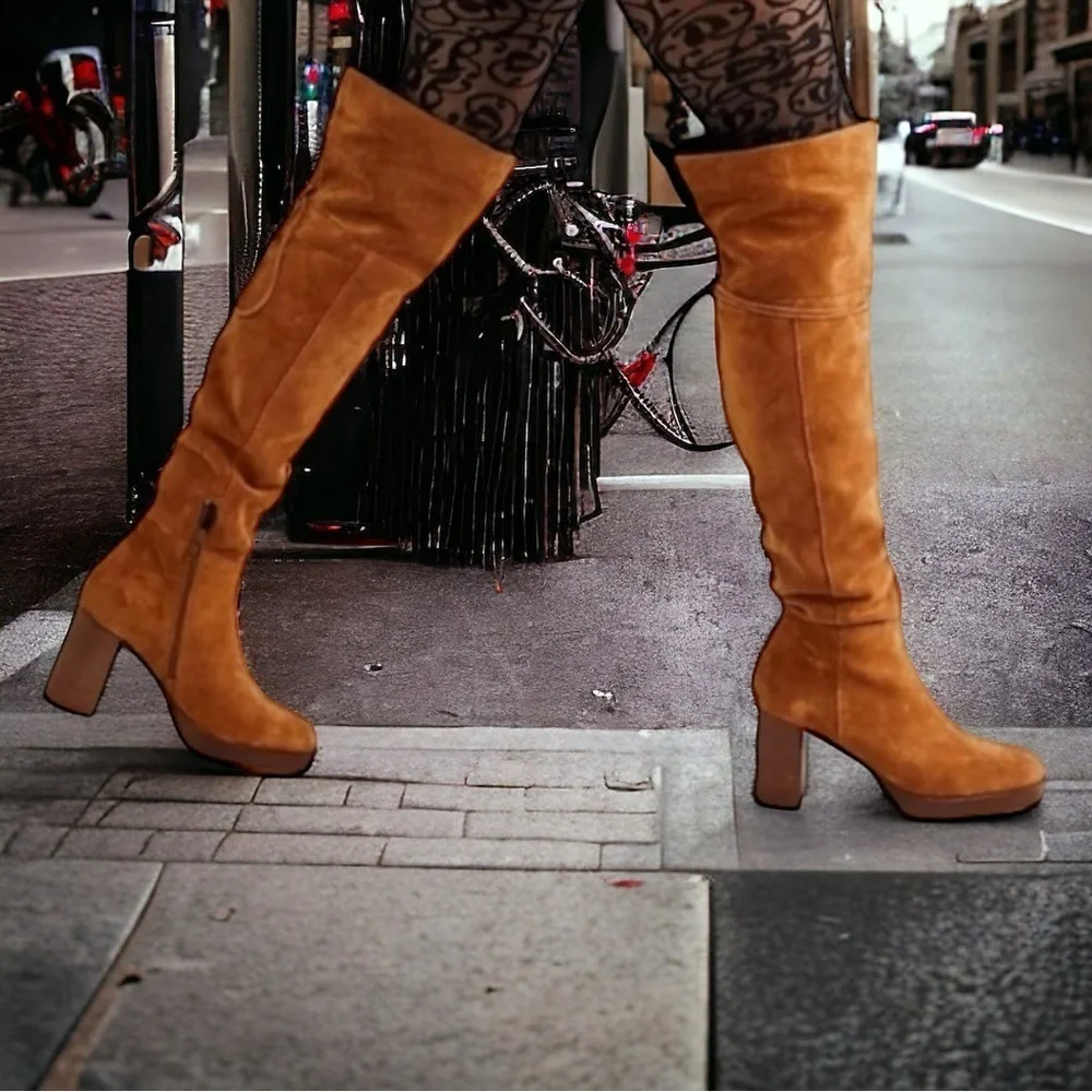 NWT FREE PEOPLE Suede Echo Platform Over The Knee Boots in Cognac